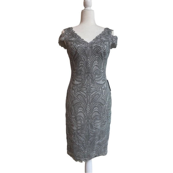 TADASHI SHOJI Silver Gray Embroidered Corded Lace Cold Shoulder Sheath Dress 4 - Picture 3 of 16